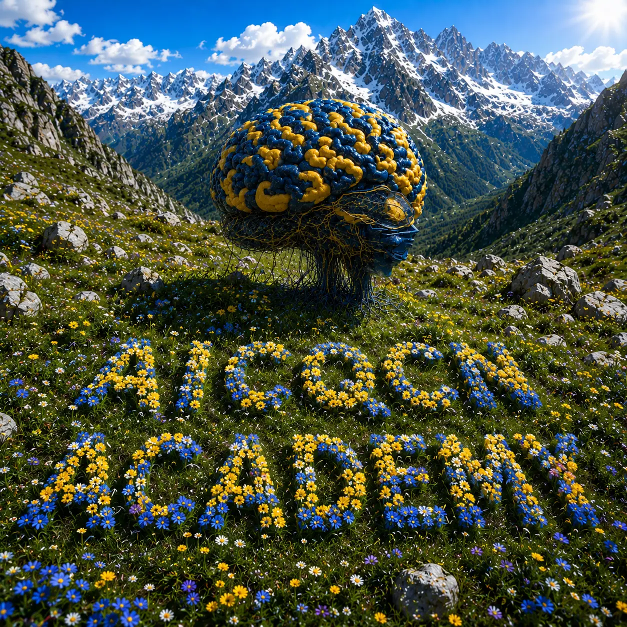 AICQCN Academy: il cervello-albero tra le montagne con la scritta in fiori