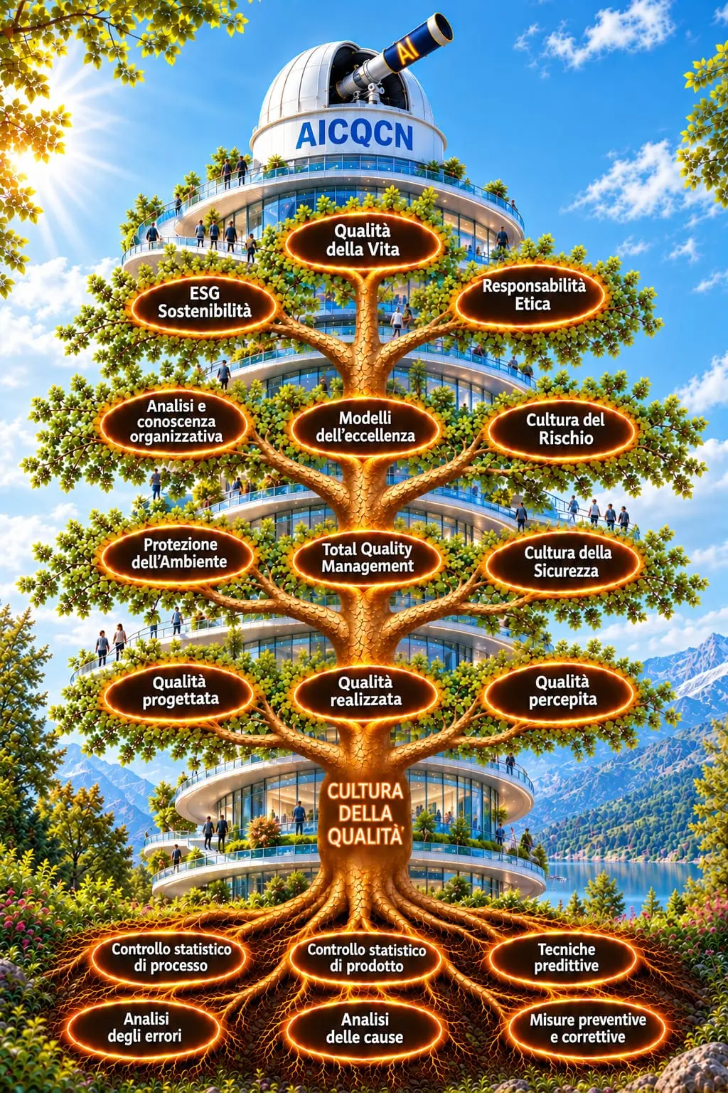 L'albero della Cultura della Qualità: in alto la Qualità della Vita, nel tronco la Cultura della Qualità, nelle radici i controlli statistici di prodotto e di processo