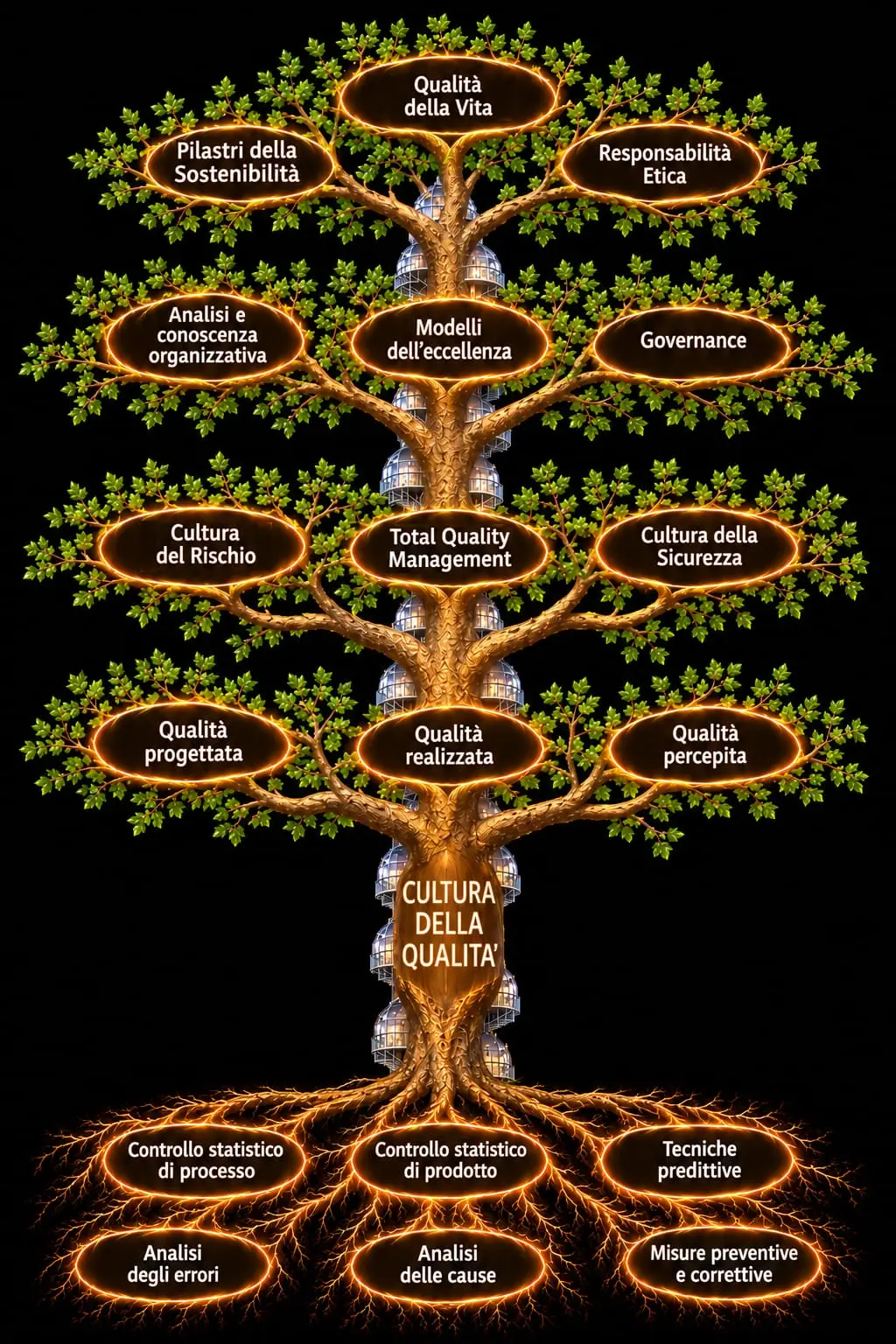 L'albero della Cultura della Qualità: in alto la Qualità della Vita, nel tronco la Cultura della Qualità, nelle radici i controlli statistici di prodotto e di processo