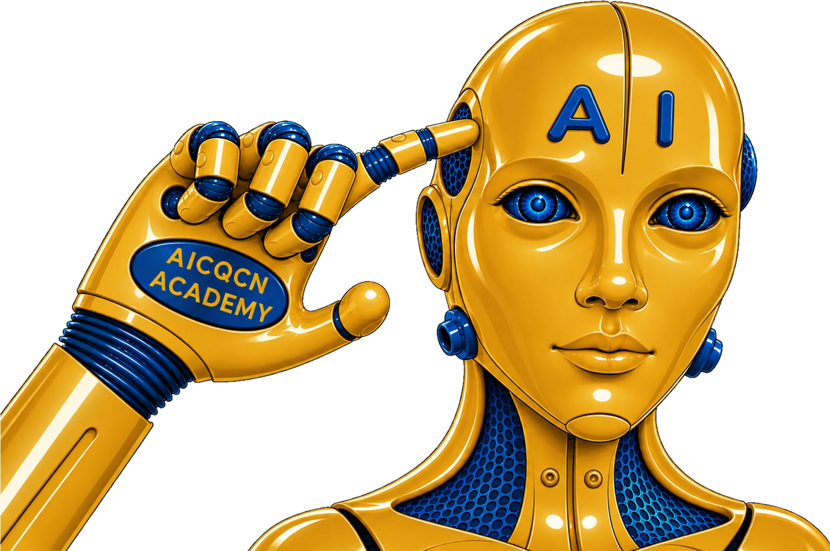 Robot AICQCN Academy che si indica la tempia