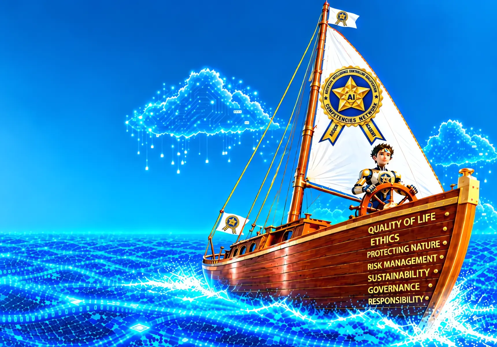 Il veliero AICQ CN Academy naviga in un oceano digitale: Quality of life, Ethics, Protecting nature, Risk management, Sustainability, Governance, Responsibility